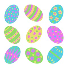 Colourful Easter egg illustration. The eggs are decorated in floral, striped and polka dot decorations. A pretty Easter display, in fresh Spring colours.