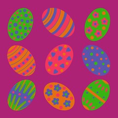 Colourful Easter egg illustration. The eggs are decorated in floral, striped and polka dot decorations. A pretty Easter display, in fresh Spring colours.