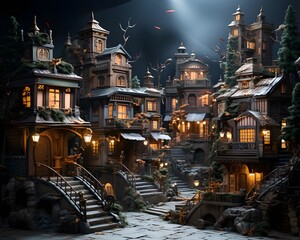 Fantasy fairy tale scene with wooden houses. 3D illustration.