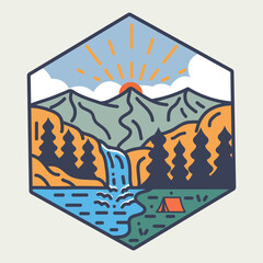 Vector beauty nature with waterfall graphic illustration vector art for tshirt design, sticker, badge and more