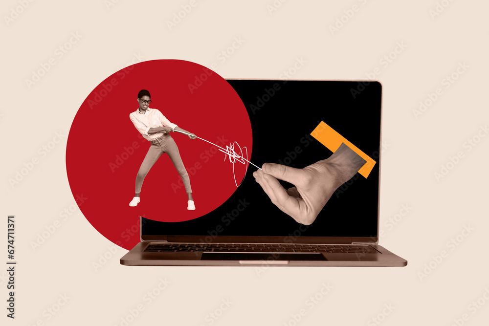 Poster Exclusive magazine picture sketch collage image of purposeful worker trying solving working problem isolated beige color background