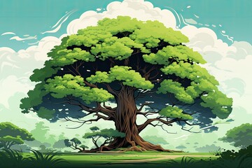 big green tree in summer illustration - obrazy, fototapety, plakaty