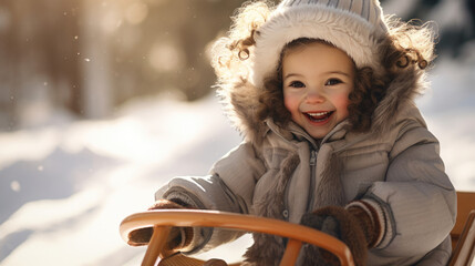 A joyful child with a beaming smile, wearing winter clothing and holding onto a wooden sled, surrounded by sparkling snowflakes in the glowing light of the winter sun.