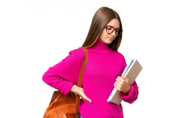 Teenager student caucasian girl over isolated background suffering from backache for having made an effort