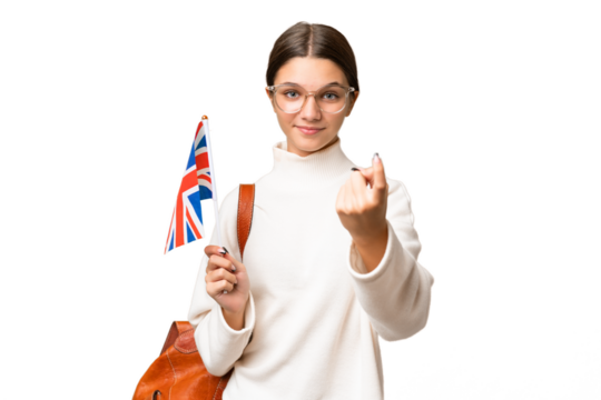 Teenager student caucasian girl holding an United Kingdom flag over isolated background doing coming gesture
