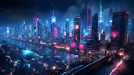 Deurstickers Panoramic view of modern city at night, Shanghai, China © Iman