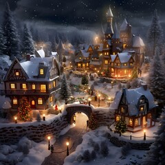 Digital Painting of a Fairy Tale Village at Night with Christmas Decoration