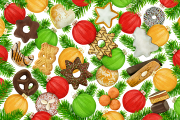Kekse und Süssigkeiten für Weihnachten mit Tannenzweigen und Weihnachtskugeln    Hintergrund transparent PNG cut out