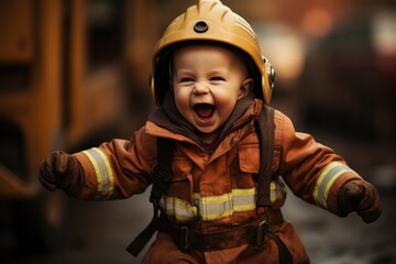 child in a firefighter costume - obrazy, fototapety, plakaty