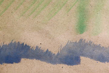 Fondo astratto: pennellate di acquerello verde e blu su carta colore avana, spazio per testo - obrazy, fototapety, plakaty