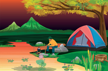 one man camping in forest vector design