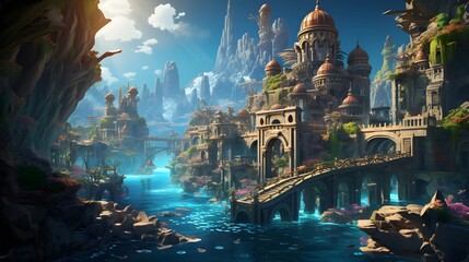 Fantasy landscape with a bridge over the river. 3d rendering