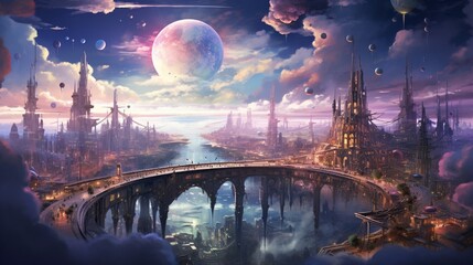 A surreal, floating city in the upper atmosphere of a gas giant, with transparent domes and intricate walkways suspended amidst colorful clouds, as alien inhabitants traverse the cityscape - obrazy, fototapety, plakaty