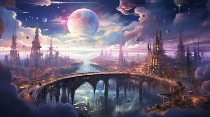 Fotobehang A surreal, floating city in the upper atmosphere of a gas giant, with transparent domes and intricate walkways suspended amidst colorful clouds, as alien inhabitants traverse the cityscape ©  ALLAH LOVE