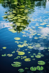 surface d'une rivière où se reflète les arbres de la foret, ils flottent des feuilles et des fleurs à la surface de l'eau avec des ondulations dû au souffle du vent
