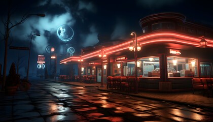 Night city street with lights and lanterns. 3d rendering.
