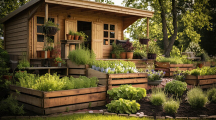 Obraz premium This small urban backyard garden contains square raised planting beds for growing vegetables and herbs throughout the summer. Brick edging is used to keep grass out, and mulch helps keep weeds down.