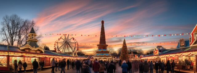 A bustling fair at dusk with a vibrant ferris wheel, illuminated tents, and a crowd of people, set against a backdrop of a sunset - obrazy, fototapety, plakaty