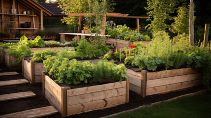 This small urban backyard garden contains square raised planting beds for growing vegetables and herbs throughout the summer. Brick edging is used to keep grass out, and mulch helps keep weeds down.