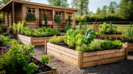 This small urban backyard garden contains square raised planting beds for growing vegetables and herbs throughout the summer. Brick edging is used to keep grass out, and mulch helps keep weeds down. - obrazy, fototapety, plakaty