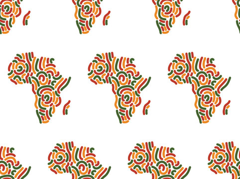Seamless pattern background with decorative Africa map, silhouette of African continent with abstract lines ornament in color of Pan African flag - red, yellow, green. Black History Month ornament