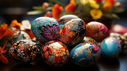 Fototapeta na wymiar Easter eggs pictures. Close up with copy space. High quality.