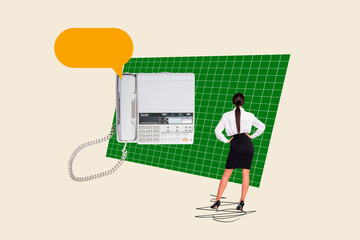 Banner collage 3d sketch of unknown girl support center operator speaking customers isolated on drawing background