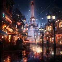 Illustration of a night city with a view of the Eiffel tower