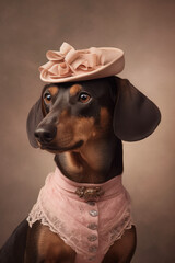 Portrait of a dachshund dressed with victorian vibrant clothes