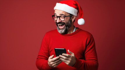 A man wearing a festive Santa hat is laughing with joy while looking at a smartphone in his hands against a solid background.