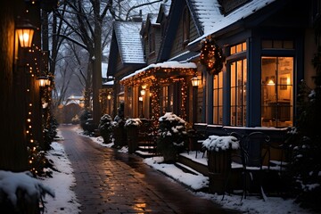 Beautiful winter night in the city. View of the street and the houses.