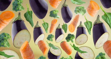 Floating vegetables pattern with carrot, eggplant,  broccoli and spinach leafs cut and sliced....