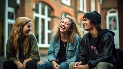 group of friends talking and laughing, college friends laughing - obrazy, fototapety, plakaty