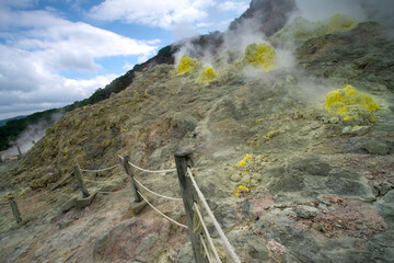 Mount Iou, or Iwo, a volcano in the Akan Volcanic Complex sits within the borders of the town of Teshikaga, known as Atosanupuri (Naked Mountain) for Ainu, Kushiro Subprefecture, Hokkaido, Japan