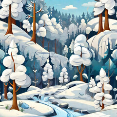 Whimsical snowy forest in cartoon style unfolds with cute snow covered trees