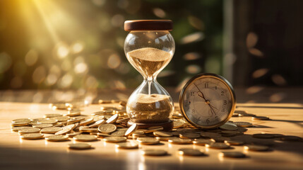 Golden coins and hour glass sand clock. Time is money concept. - obrazy, fototapety, plakaty