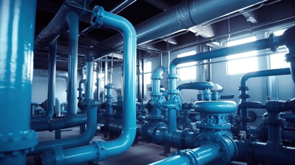 Steel water piping structure with circulation pumps and valves in industrial building.