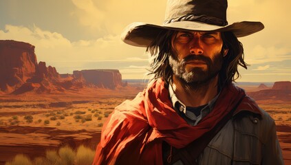 Kowboj w kapeluszu stojący na pustyni o zachodzie słońca. 