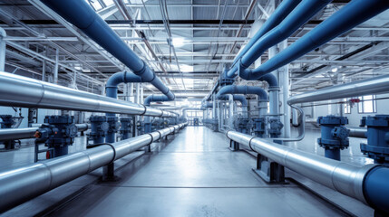 Steel water piping structure with circulation pumps and valves in industrial building. - obrazy, fototapety, plakaty