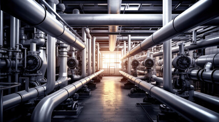 Steel water piping structure with circulation pumps and valves in industrial building.