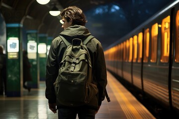 Młody mężczyzna czeka na pociąg na dworcu kolejowym.  - obrazy, fototapety, plakaty