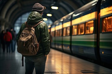 Młody mężczyzna czeka na pociąg na dworcu kolejowym.  - obrazy, fototapety, plakaty