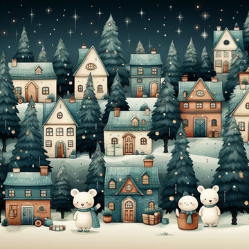 Funny Christmas background in cartoon naif style with under a starry snowing night tiny houses, lot of Christmas decorated trees and cute white bear cubs ; for Christmas paper,texture, background