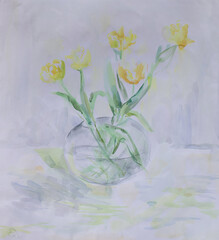 Laconic white still life. Watercolor painting with space for text. Yellow tulips in crystal transparent sphere vase.