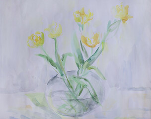 Laconic white watercolor. Painting with space for text. Yellow tulips in crystal transparent sphere vase. Still life neutral flowers.
