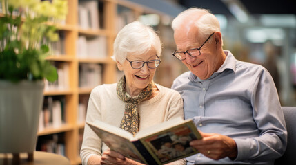 Elderly couple sitting closely, smiling and sharing a joyful moment while reading a book together
