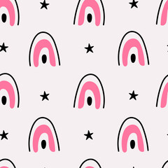 Doodle seamless pattern with rainbows and stars. Cute pink endless background. Playful pinkcore design for kids, girls, woman, greeting card, fabric, textile. Repeat vector illustration