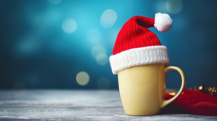 Happy New Year and Merry Christmas, Coffee cup with Santa's hat on top surrounded by Christmas decorations on wooden background, Copy space, generative ai - obrazy, fototapety, plakaty