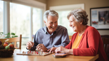 Elderly couple enjoying a cheerful game of chess together, smiling and engaging with each other in a well-lit room with visible greenery outside the window.