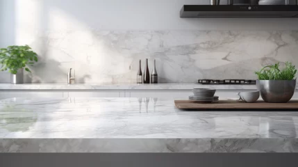 Tuinposter Luxurious high end kitchen with stainless appliances marble and glass tile © Nataliya